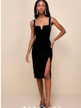 Lulu's Black Velvet Notch-Neck Midi Dress with Side Slit and Beaded Straps